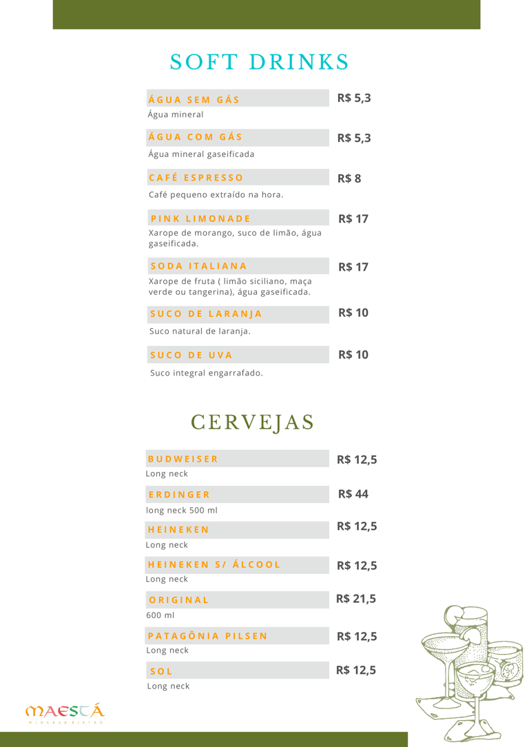 Cardápio Maestá - Soft drinks e cervejas