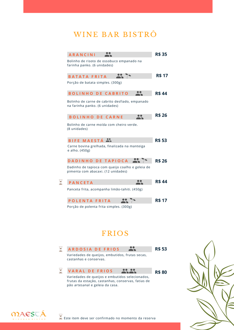Cardápio Maestá - Wine Bar Bistro e Frios